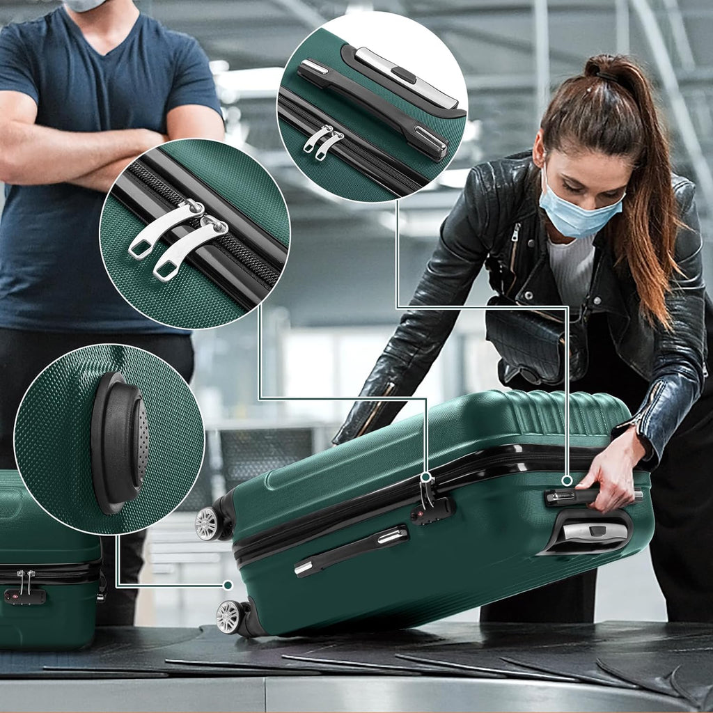 Luggage Hardside Suitcase ABS 3 & Spinner for with on Dark Sets Wheels Lightweight Business Green TSA Portable of Set lock, Travel - Luggages (20/24/28) Carry