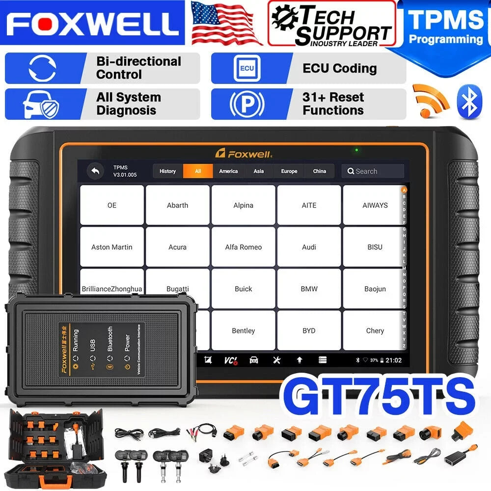 EOBD Scan Free Resets OBD Reader Systems Scan Update Tool TPMS Coding Bi-Directional Tool Car Diagnostic Control OBD2 Service FOXWELL Test GT75TS Automotive Actuation Scanner Full Code ECU 30+