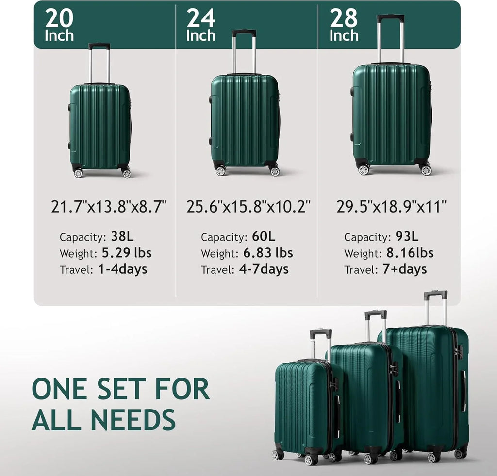 Luggage Hardside Suitcase ABS 3 & Spinner for with on Dark Sets Wheels Lightweight Business Green TSA Portable of Set lock, Travel - Luggages (20/24/28) Carry