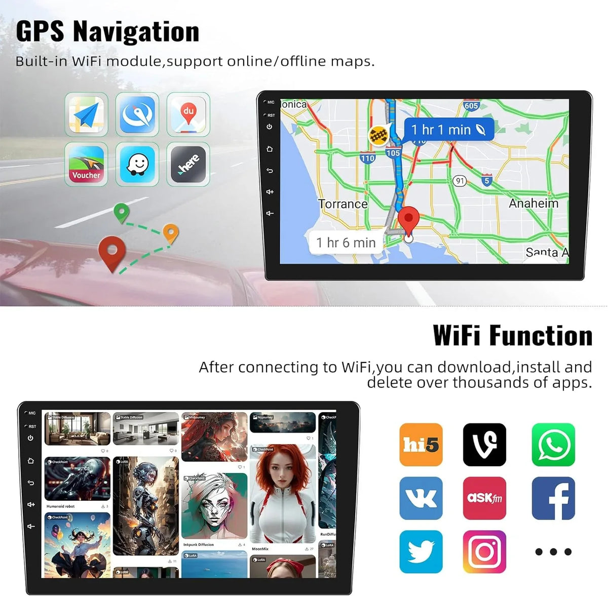 with 10.1'' with Screen Radio GPS Mirror Unit Head Android WiFi Bluetooth Touch Single Stereo USB + 1G+32G Car Camera Car Link Navigation FM Din Backup Rimoody