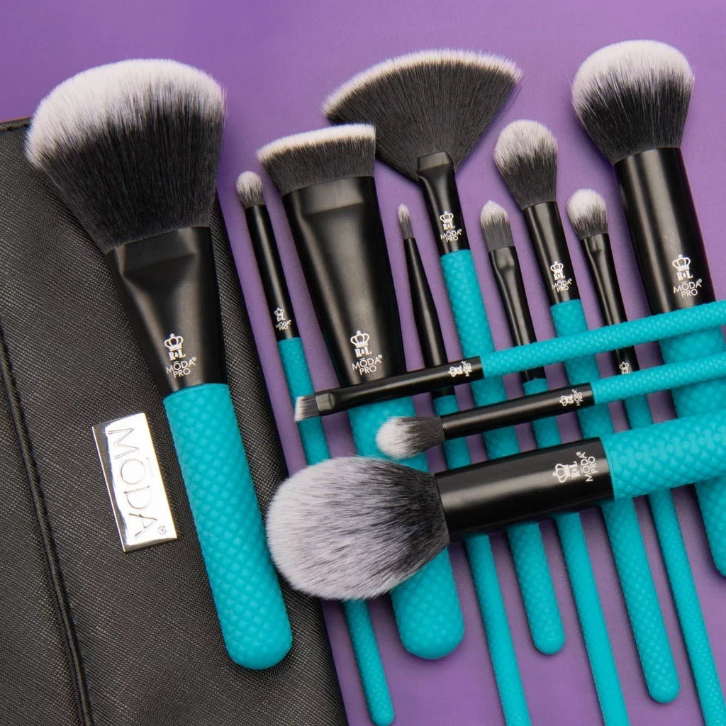 Crease Brushes Brush Highlight, Wrap, and Face Moda Flat 13pc Brush with Powder, Teal Includes Set Full Makeup Pro Makeup