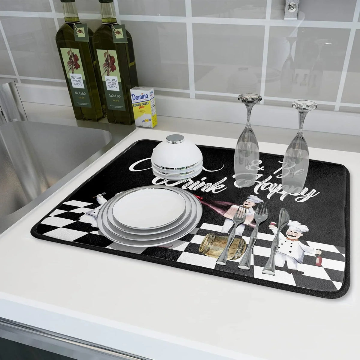 Dish Wine White Cook Kitchen Fatigue Chef Plaid Pasta Red Drainer Black Bistro Mats Dish Buffalo Anti Italian Pad Glass Drying Wellsay Dishes 18x24 Fat Chubby Mat Decor Check Plump Drainer Mat Rack