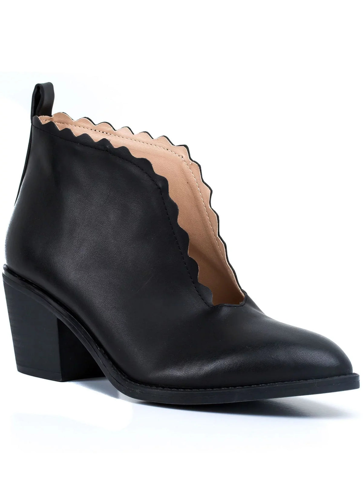 Shootie Slip Pull Almond Heel 9 Toe Cutout Black Comfort Tab On Scalloped G.C. V Heel SHOES Block Maris Womens