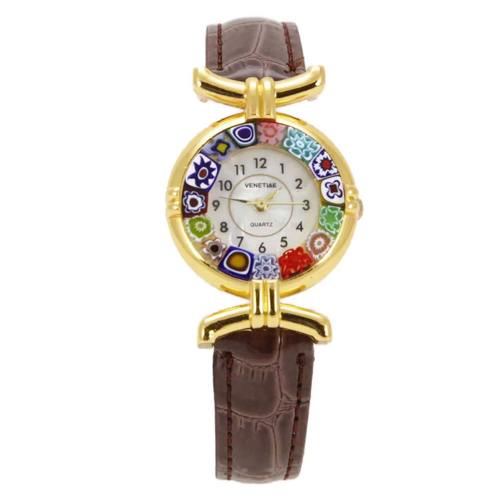 Leather with Murano - Millefiori Brown Band Glass GlassOfVenice Watch Multicolor