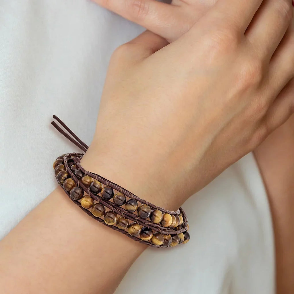 Leather Bracelet Gifts Brown 6mm Multi Women Stainless for Jewelry Beads and Wrap Steel Cord