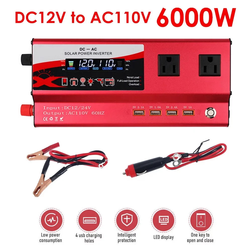 DC Converter Inverter Power RV Pure Wave 12V Sine 110V AC to 6000W Car LCD