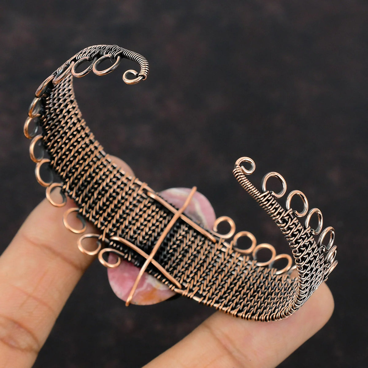 Gemstone Bangle Bracelet Copper Rhodochrosite Jewelry Wire Cuff Wrap Adjustable