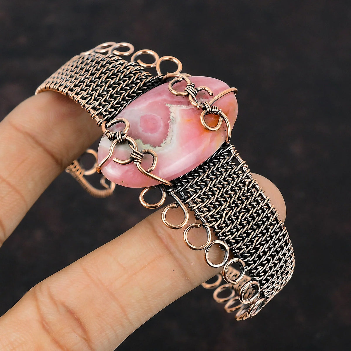 Gemstone Bangle Bracelet Copper Rhodochrosite Jewelry Wire Cuff Wrap Adjustable