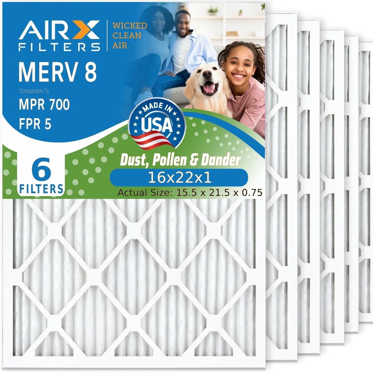 AIRX Filter 16x22x1 Furnace Comparable HVAC Air FILTERS Electrostatic MERV AC by Pack Filters Conditioner 6 to Premium 700 CLEAN Pleated Air Filter 16x22x1 FPR MPR WICKED 5 USA 8 AIR. & Made