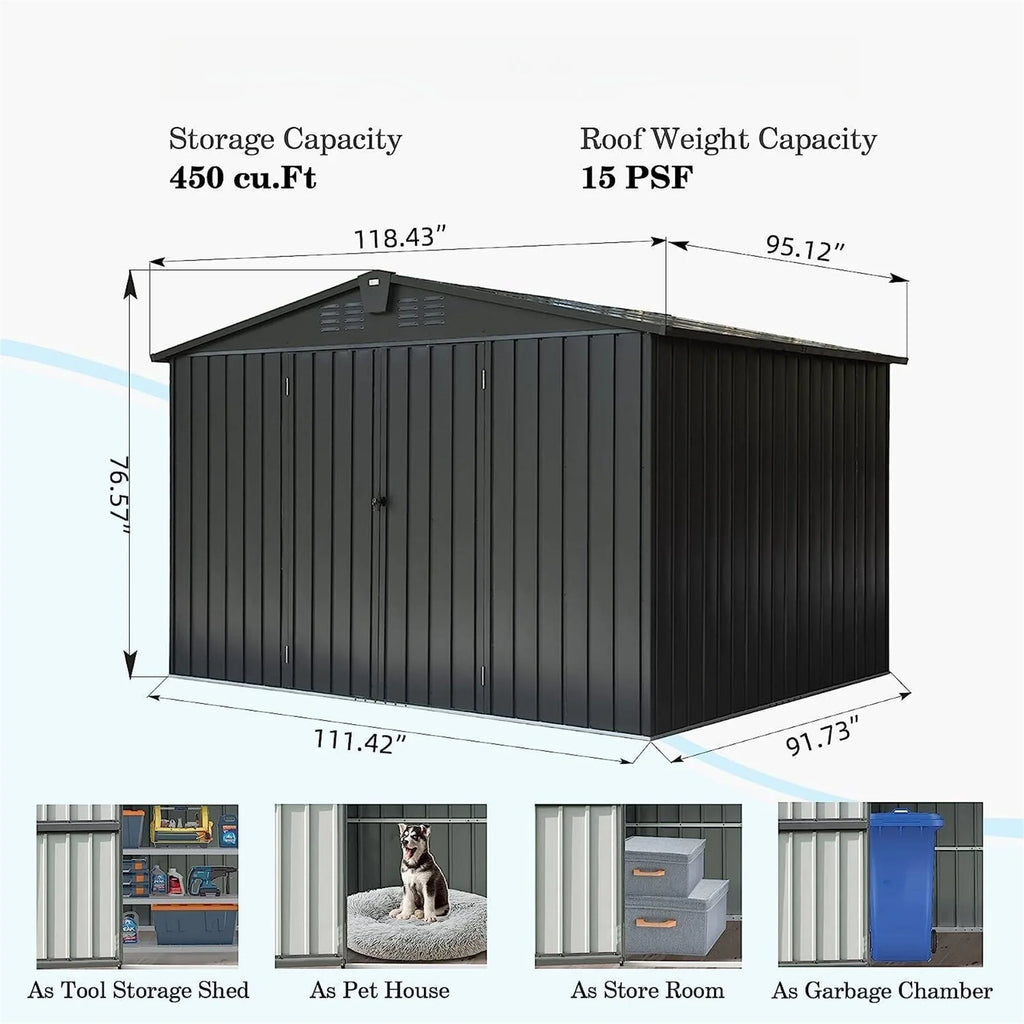 Can, exterior Shed for Homiyad (10X8ft, Tools, Garden Black) with exterior 8', for Bike, Door Lawn Steel Trash 10'X Metal Galvanized Storage Storage Backyard, Cabinet Shed Lockable Patio,