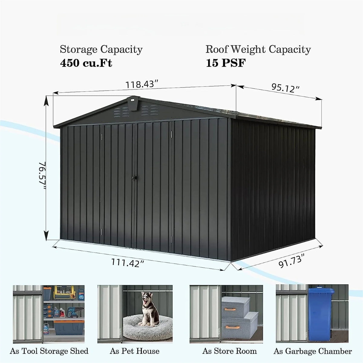 Can, exterior Shed for Homiyad (10X8ft, Tools, Garden Black) with exterior 8', for Bike, Door Lawn Steel Trash 10'X Metal Galvanized Storage Storage Backyard, Cabinet Shed Lockable Patio,