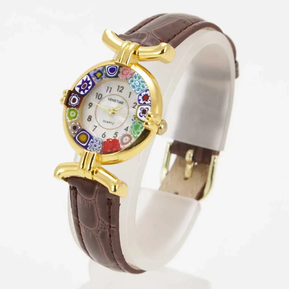 Leather with Murano - Millefiori Brown Band Glass GlassOfVenice Watch Multicolor