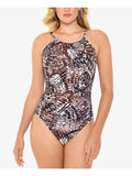 10 SWIM SOLUTIONS Women's Piece Halter Control One Tummy Swimsuit Brown Printed