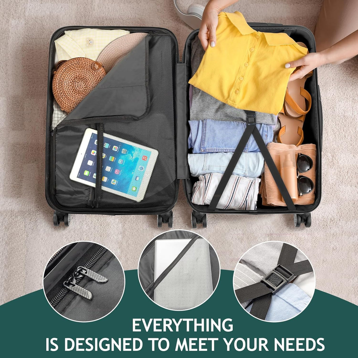 Luggage Hardside Suitcase ABS 3 & Spinner for with on Dark Sets Wheels Lightweight Business Green TSA Portable of Set lock, Travel - Luggages (20/24/28) Carry