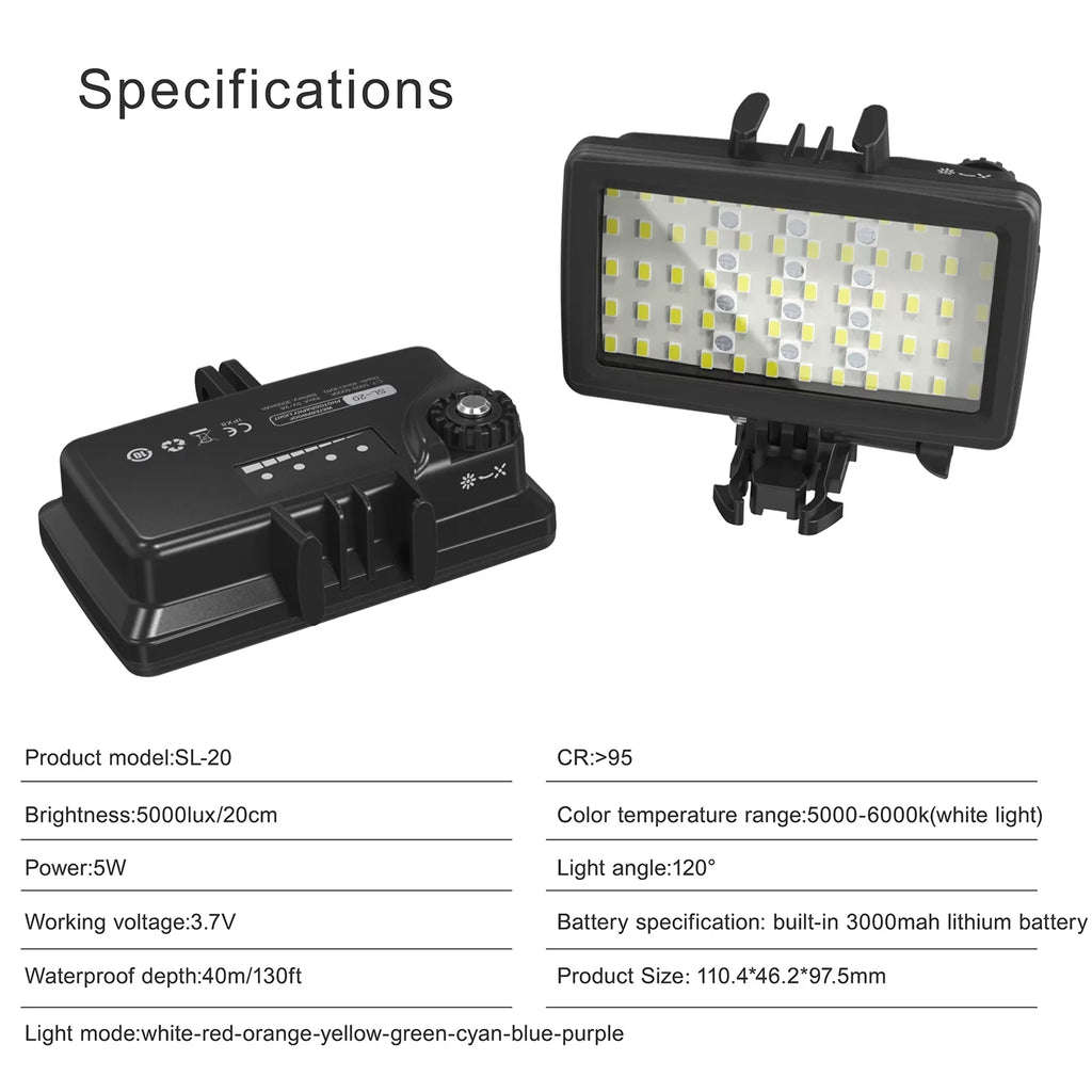 for for Replacement Underwater Video Rechargeable 8 Photography 40M Waterproof CRI95+ RGB SL-20 Dimmable Built-in Battery Snorkeling Modes Diving Video Fill Underwater Tomshoo IPX8