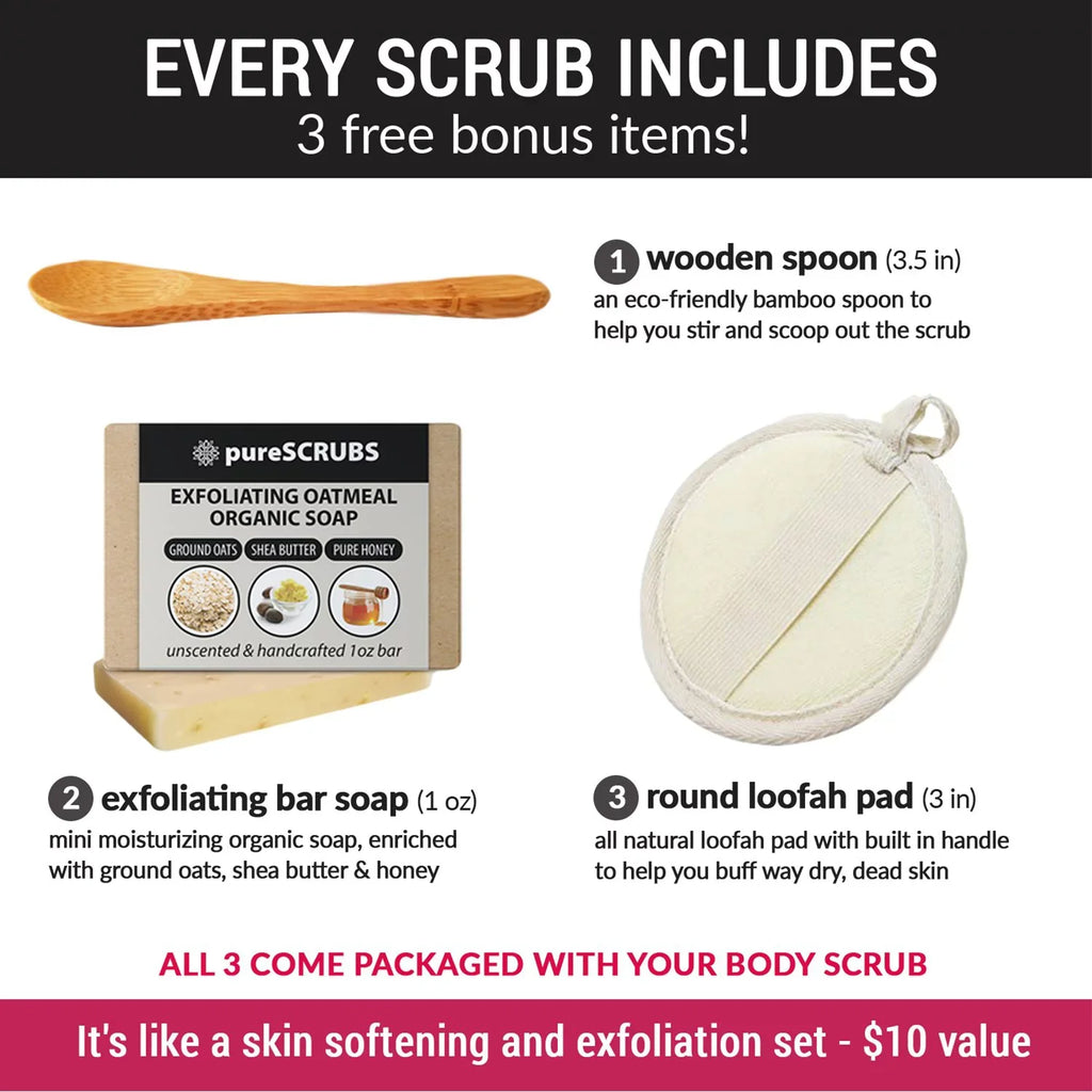 Nutrients Organic Organic + Loofah SCRUB JASMINE Large 16oz Spoon, Soap & With Wooden Bar Infused pureSCRUBS Premium Essential Pure Oils Sea Body & Mini BODY - Dead Exfoliating - FREE Scrub Salt Set