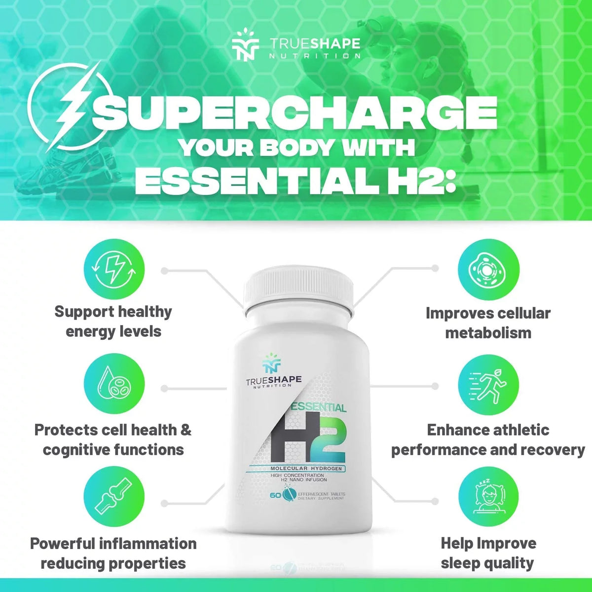 H2 Nutrition Fizzy Essential Tablets Nutritional for (60 Servings) Hydrogen Molecular liquid TrueShape Supplement