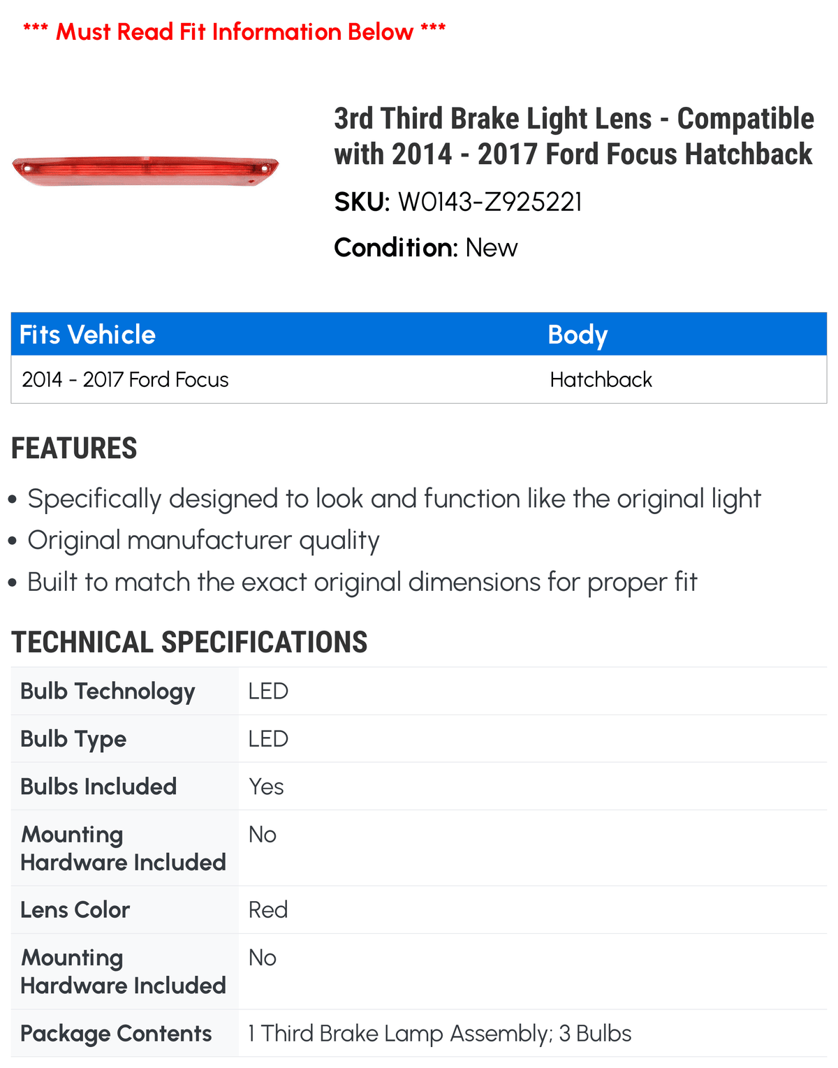 3rd Light with 2017 Hatchback 2014 Brake 2015 Focus - - Lens Third Compatible 2016
