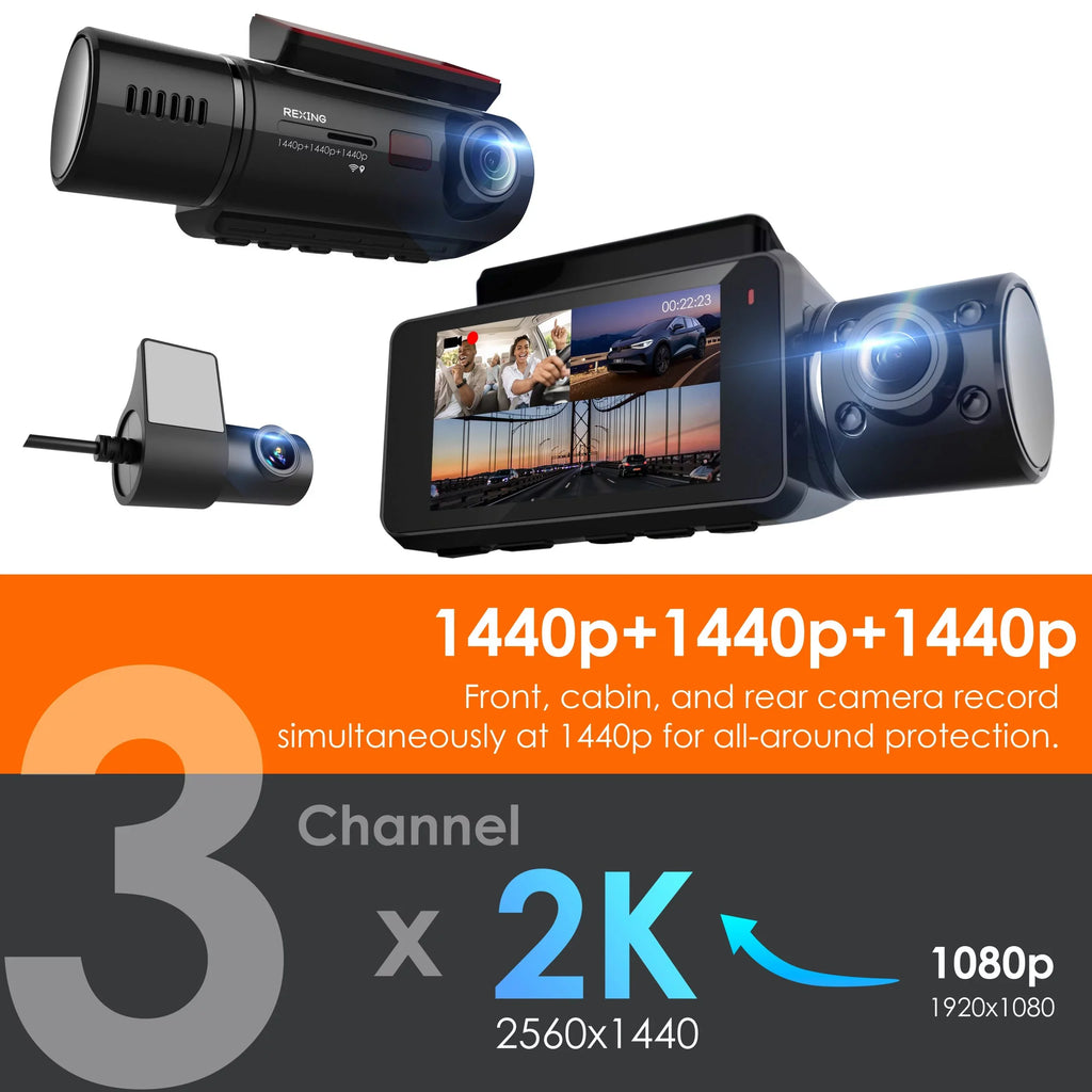 GPS with 1440p+1440p+1440p V33 & Rear 3 Rexing Built-in Dashcam Front, and Channel Camera Cabin Wi-Fi