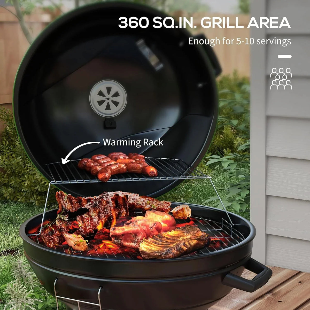 Shelf, Thermometer Green Ash Charcoal Kettle and with Cooking Area, Catcher Grill sq.in. exterior BBQ Trolley Wheels, 360 with for 21" Backyard Party, Built-in Patio, Barbecue