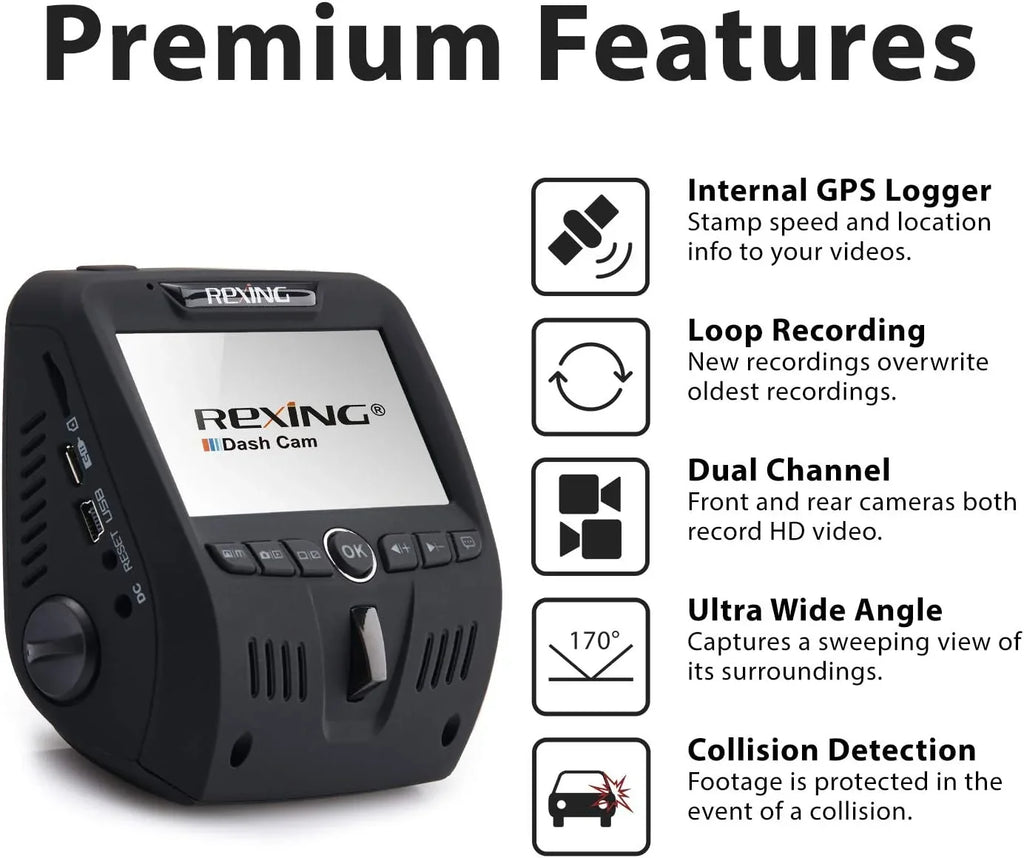 Rexing Car Box Open Dual Channel 1080p FHD Dash Black Cam V1LG -