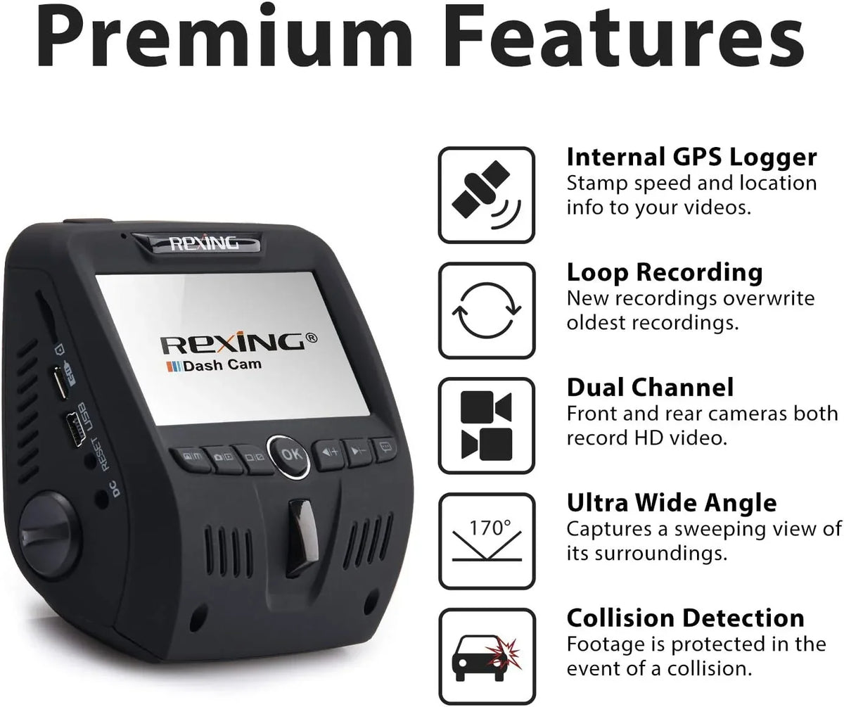 Rexing Car Box Open Dual Channel 1080p FHD Dash Black Cam V1LG -