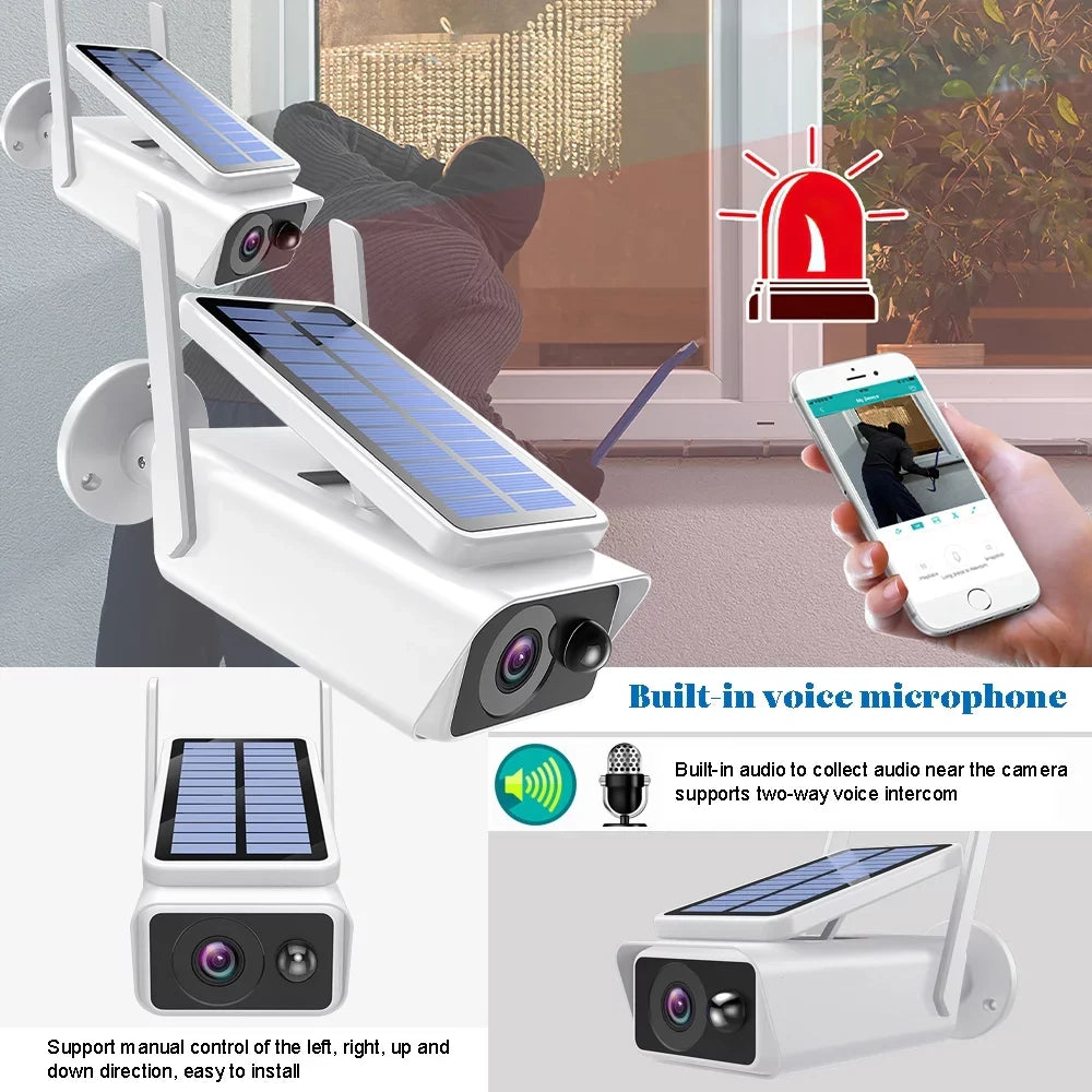 Talk, Vision,Waterproof, Security exterior Wireless with Camera PIR Security Solar Detection, exterior, Cameras Solar Night White Panel, 2-Way DFITO