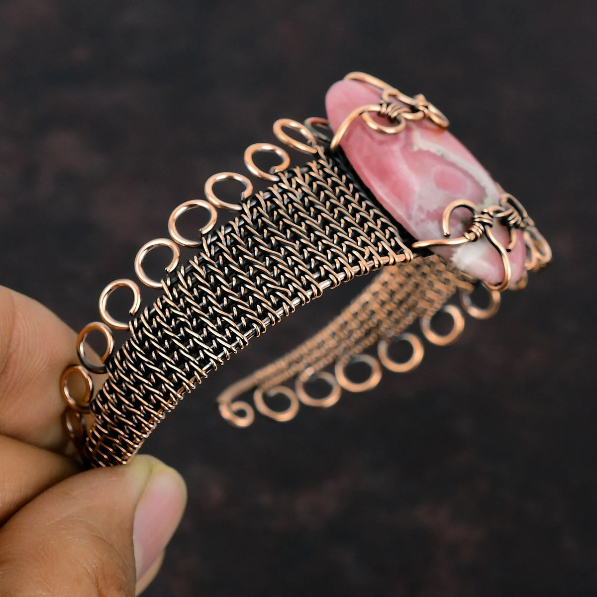 Gemstone Bangle Bracelet Copper Rhodochrosite Jewelry Wire Cuff Wrap Adjustable