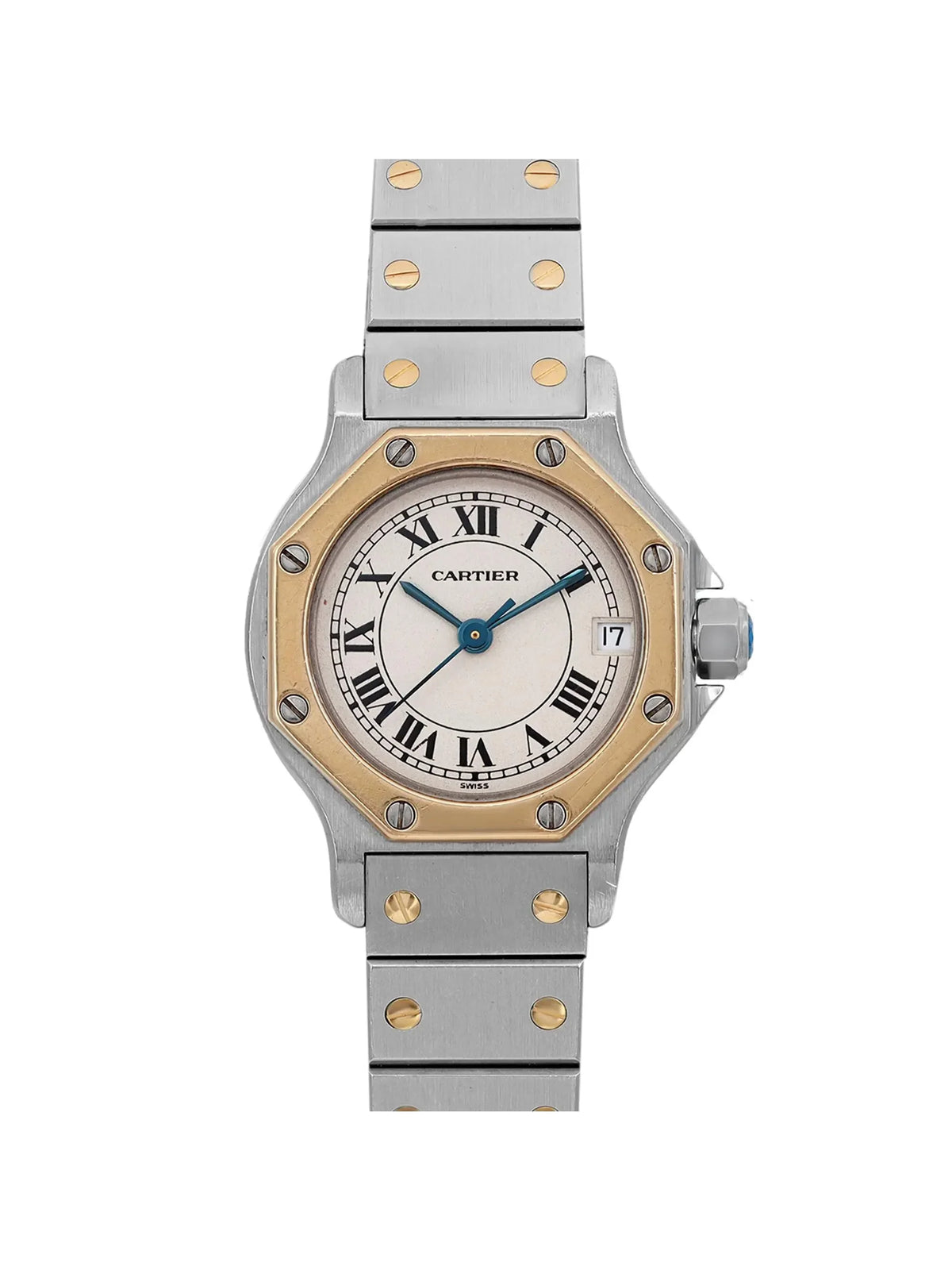 Steel 18K Santos (Good) Gold Octagon Cartier Cream 187903 Watch Yellow Pre-owned