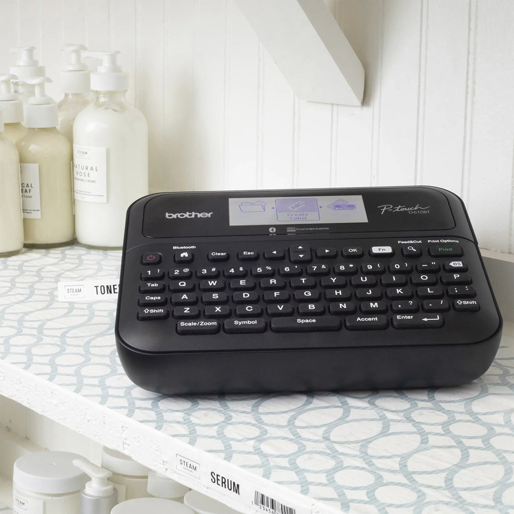 Label Connected includes case Sample Black with Professional Brother Business Print Label and 4m PT-D610BTVP on P-touch Bluetooth® Clear (12mm). ~1/2” Tape Maker Connectivity, carry