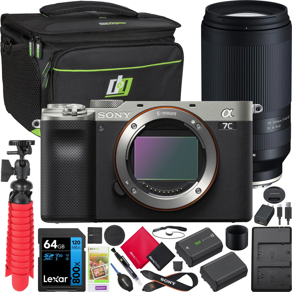 &Kit a7C Frame &Dual Full Gear Tripod Lens Silver + Battery Extra + ILCE-7C/S Card+ F4.5-6.3 64GB Camera RXD with Di Tamron Charger+ 70-300mm III Bundle Deco Bag A047 Body Mirrorless Accessories