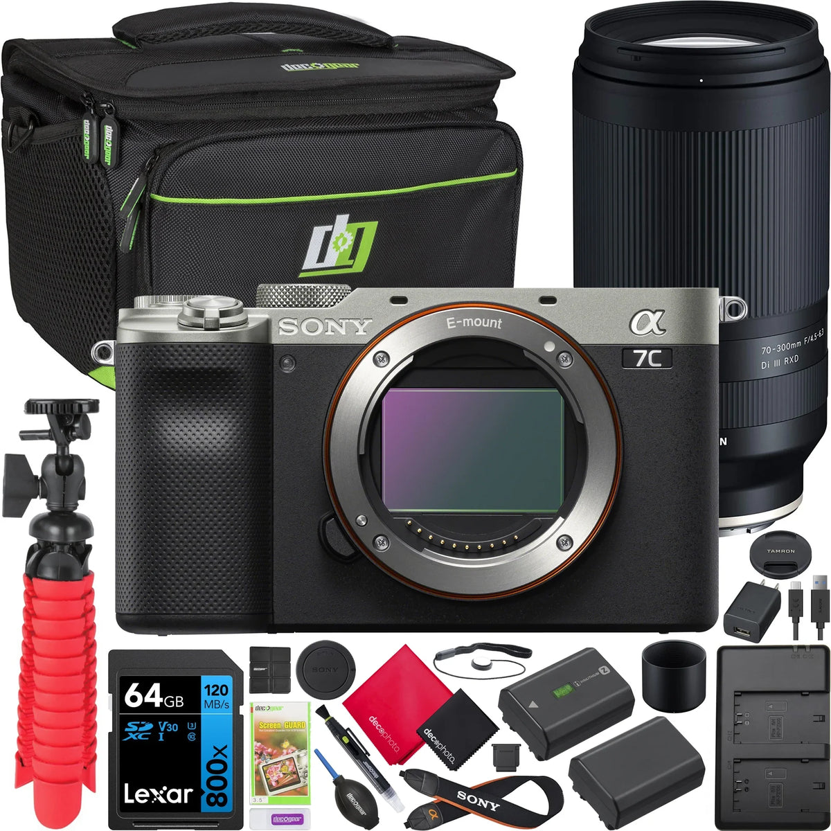 &Kit a7C Frame &Dual Full Gear Tripod Lens Silver + Battery Extra + ILCE-7C/S Card+ F4.5-6.3 64GB Camera RXD with Di Tamron Charger+ 70-300mm III Bundle Deco Bag A047 Body Mirrorless Accessories