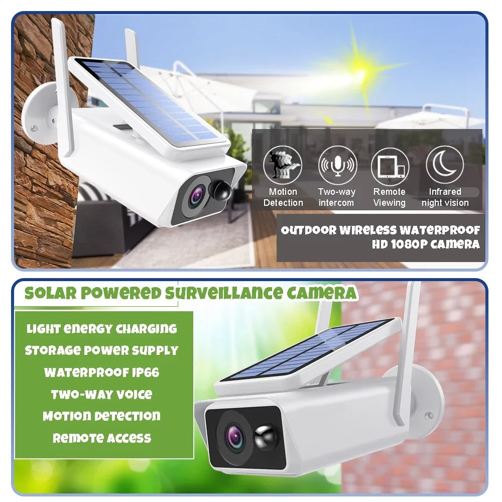 Talk, Vision,Waterproof, Security exterior Wireless with Camera PIR Security Solar Detection, exterior, Cameras Solar Night White Panel, 2-Way DFITO
