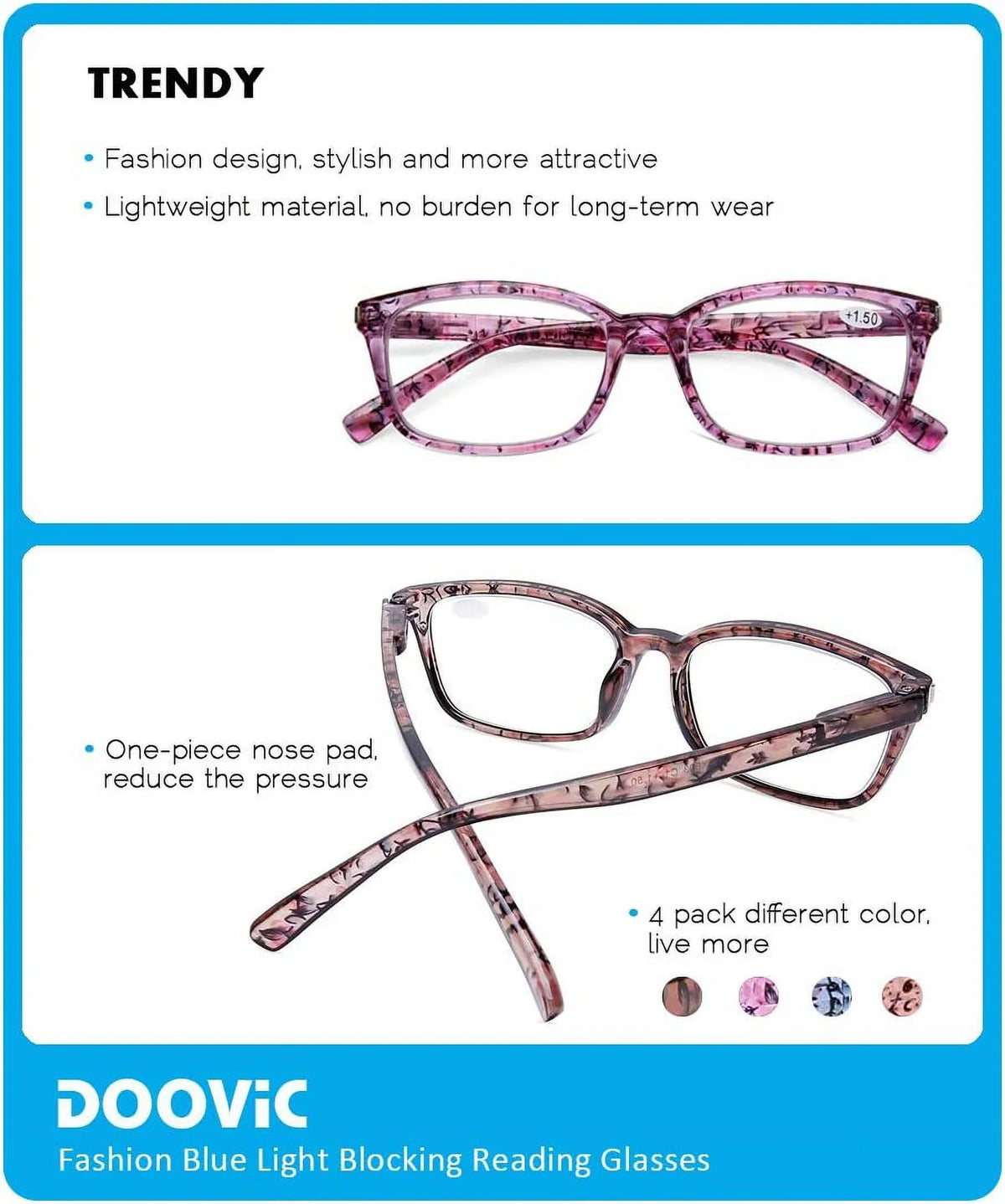 Reading Spring Women 1.25 Stylish Anti Strength Blocking Computer Hinge Light Glasses for Blue Eyestrain Readers Pack 4 DOOViC