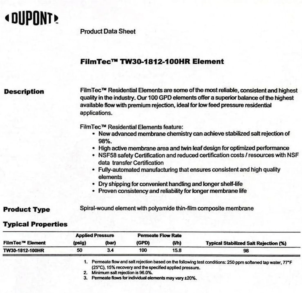 (RO) TFC System Membrane Osmosis 100 For Undersink TW30-1812-100HR Reverse Rejection GPD High