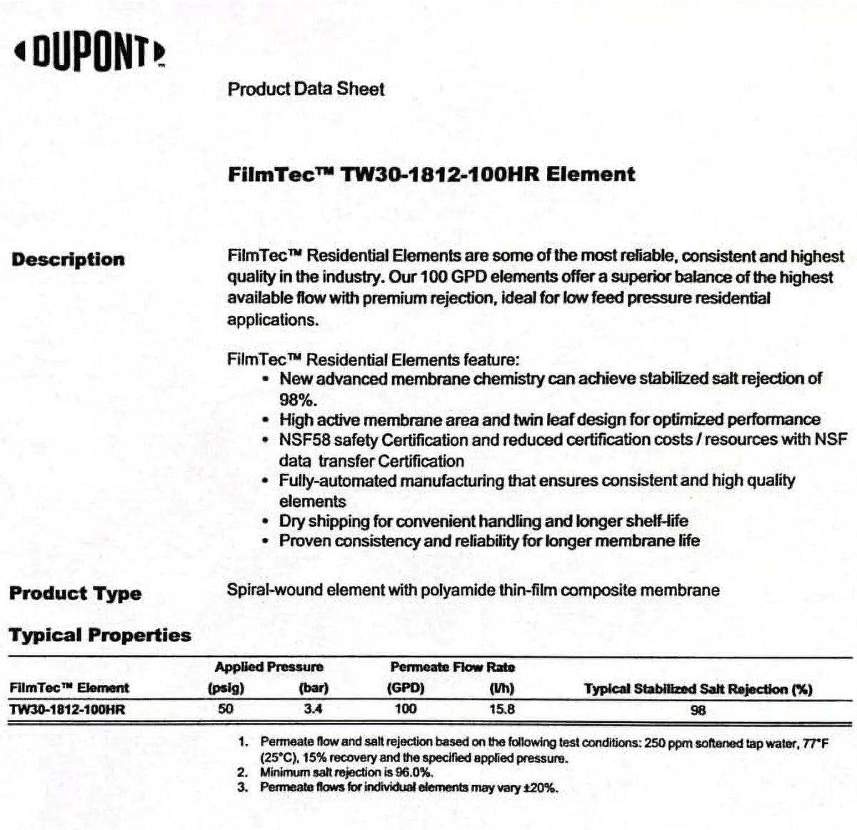 (RO) TFC System Membrane Osmosis 100 For Undersink TW30-1812-100HR Reverse Rejection GPD High