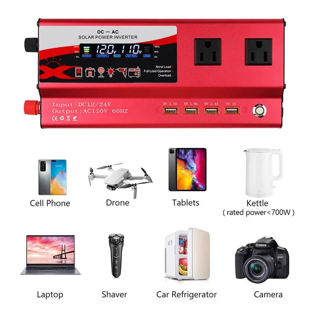 DC Converter Inverter Power RV Pure Wave 12V Sine 110V AC to 6000W Car LCD