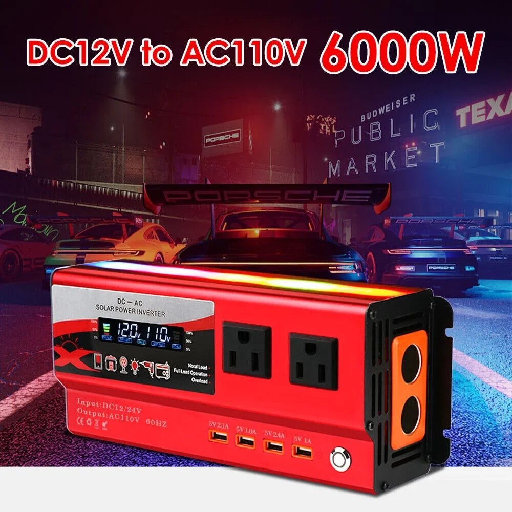 DC Converter Inverter Power RV Pure Wave 12V Sine 110V AC to 6000W Car LCD