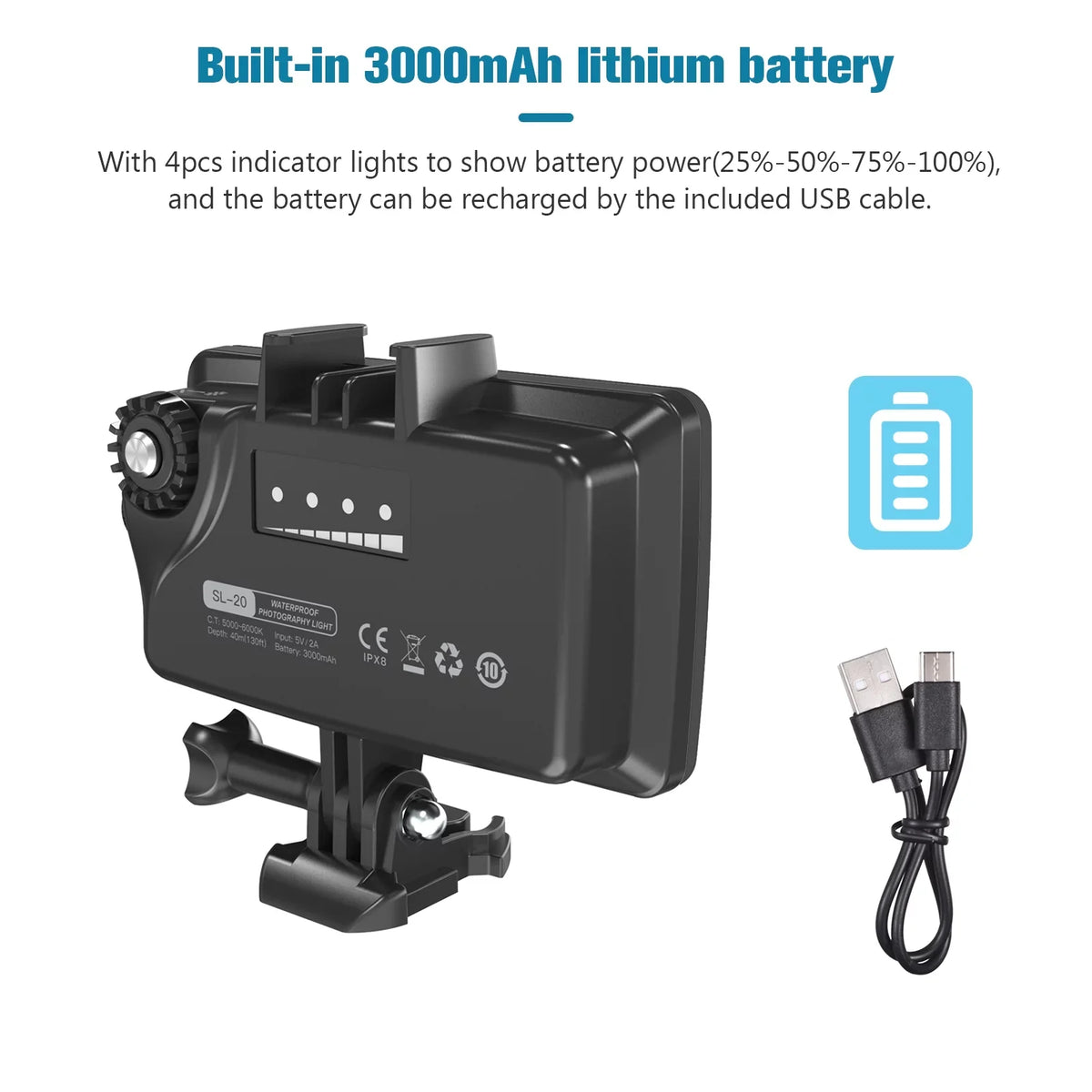 for for Replacement Underwater Video Rechargeable 8 Photography 40M Waterproof CRI95+ RGB SL-20 Dimmable Built-in Battery Snorkeling Modes Diving Video Fill Underwater Tomshoo IPX8