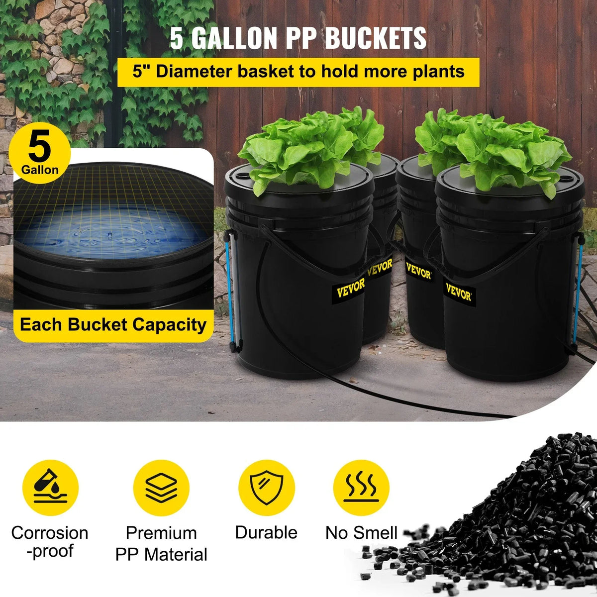 Leafy Hydroponic 5-Gallon, Stone System liquid VEVOR Grow Vegetables Pump, DWC & Indicator with for Kit, Level Air Indoor/exterior 4-Bucket
