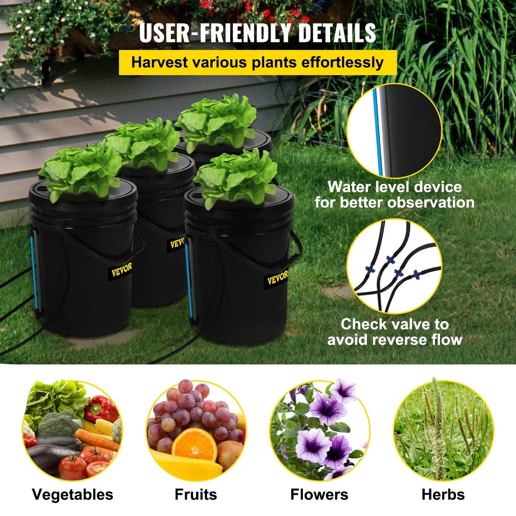 Leafy Hydroponic 5-Gallon, Stone System liquid VEVOR Grow Vegetables Pump, DWC & Indicator with for Kit, Level Air Indoor/exterior 4-Bucket