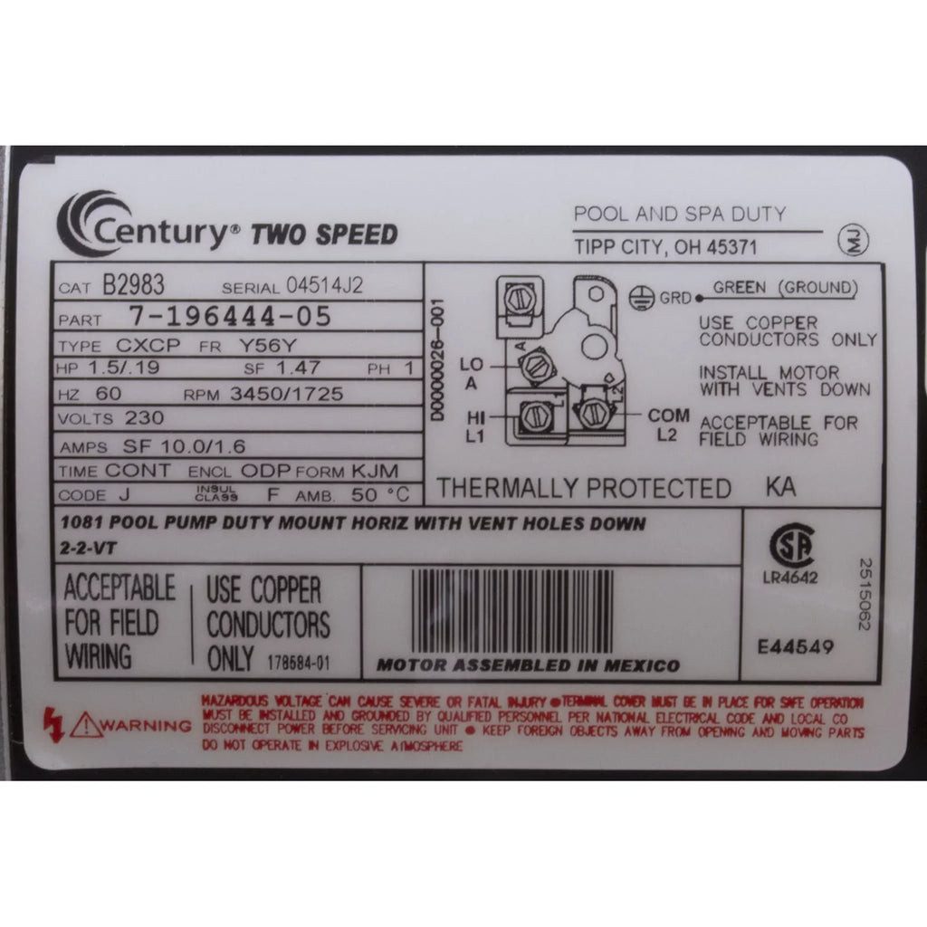 56Y 230V Motor hp 1.5 2-Speed Pool # B2983 Century Frame Square Flange