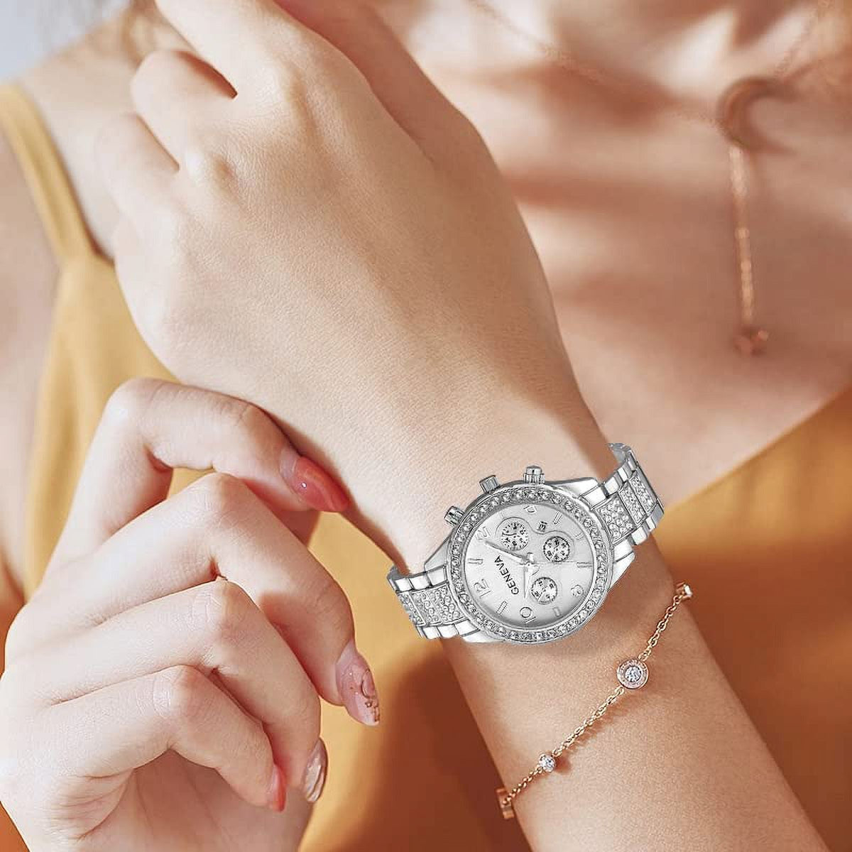 Link Luminous FANMIS Bracelet Analog Watch Calendar with Diamonds Stainless Crystal Quartz Unisex Steel Pointer Pave Luxury Floating