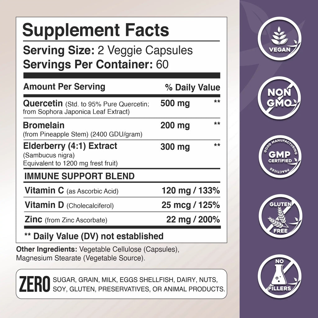 Quercetin Zinc with Immune 6 - Bromelain Supply - Quercetin - USA Months Daily and Quercetin 1 Quercetin with Support, Vitamin - - in Gluten-Free - Non-GMO, 500mg C D3 4 - Elderberry - Vitamin Zinc