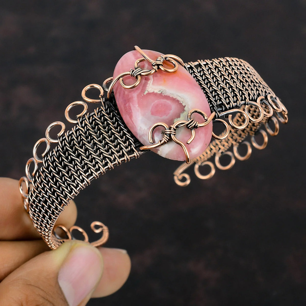 Gemstone Bangle Bracelet Copper Rhodochrosite Jewelry Wire Cuff Wrap Adjustable