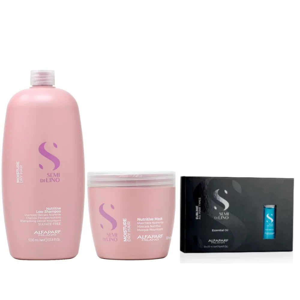 Mask Sublime Nutritive Shampoo 16.9oz + Low 12x13ml Moisture 33.8oz Oil + Processing Essential Alfaparf Caps w