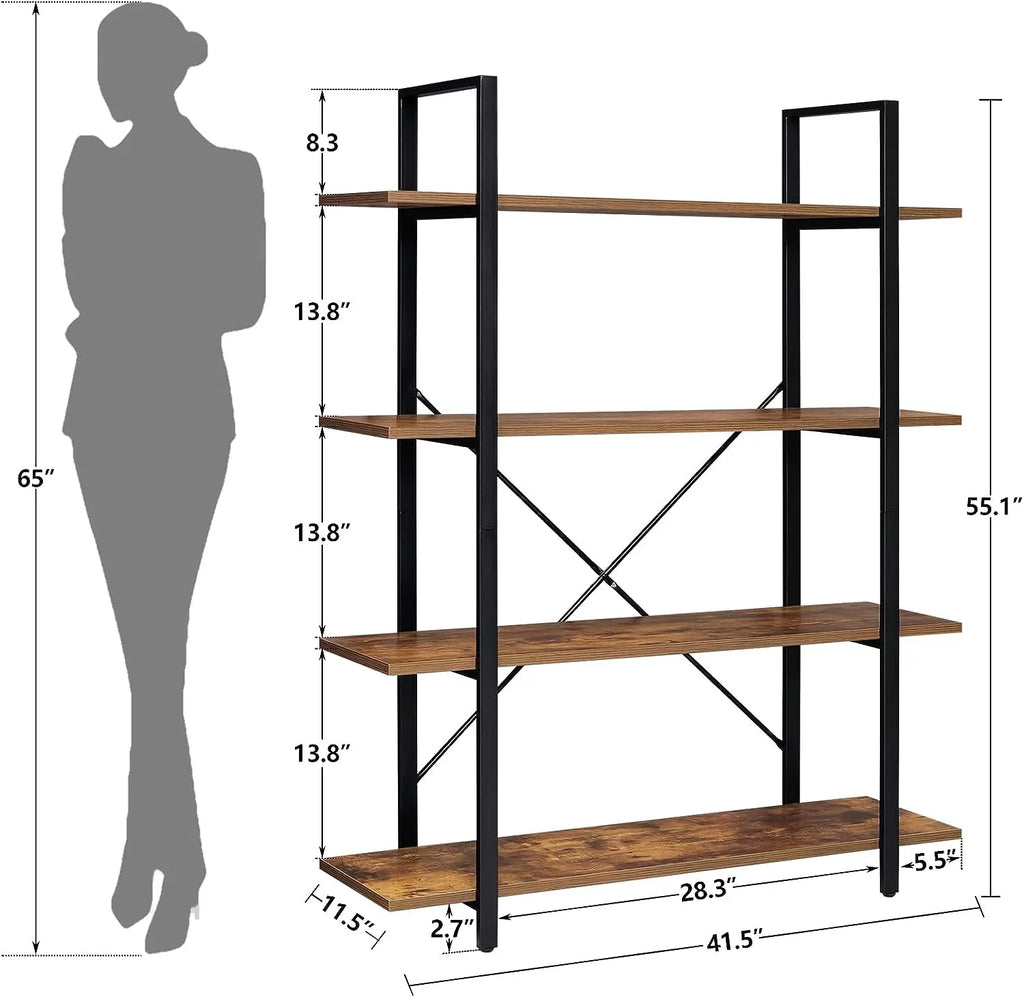 Display Office, Rustic Frame, 4-Tier DIQIN Shelf, Tall Home Shelves Bedroom, Living Book Bookshelf, Open for Bookcase Brown Metal with Room,