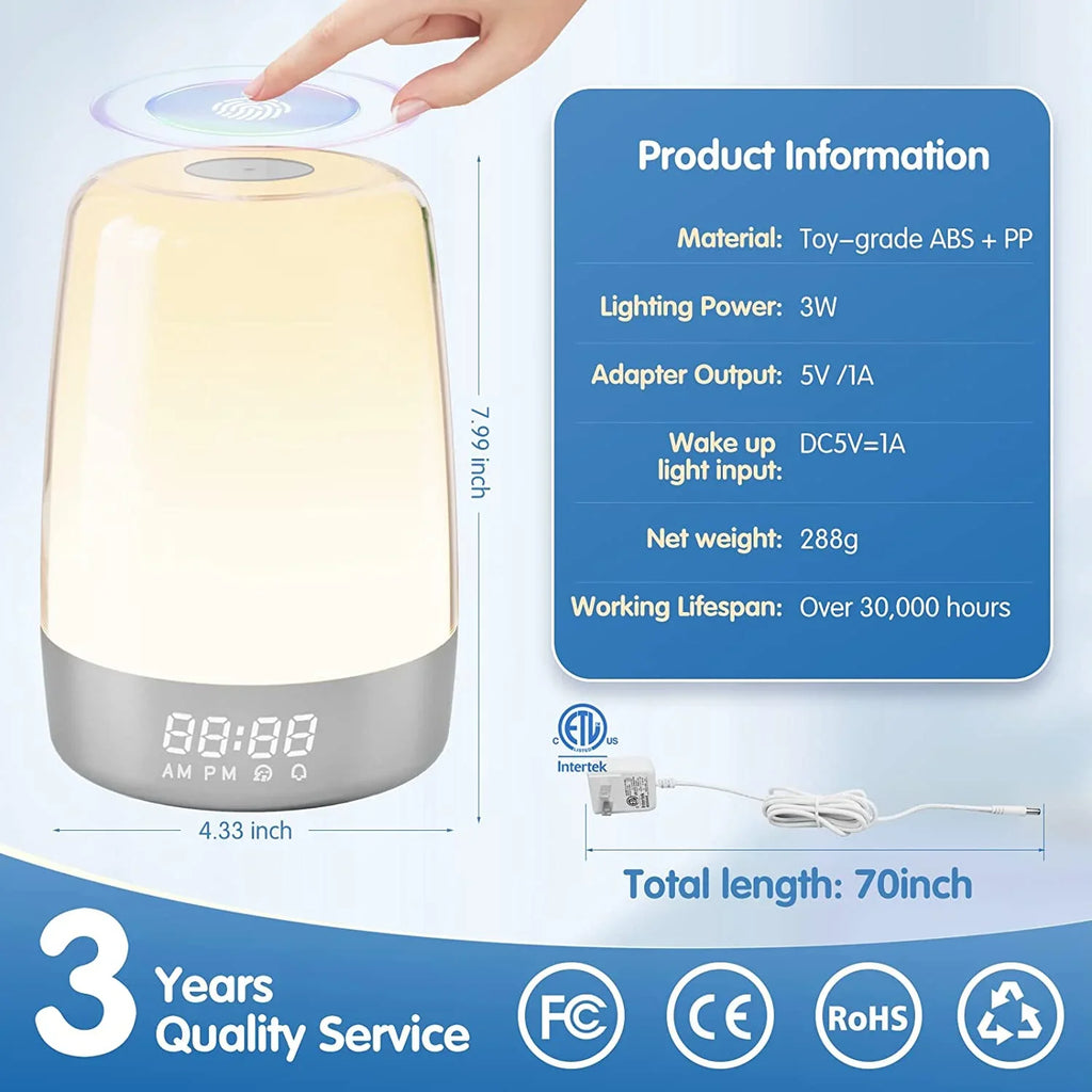 Kid Bedside Simulation Bedroom Lights, Wake Dimmable Timer Snooze Aid, Up Nursery for Light Lamp Sound Sleep Sleepers RGB Light Clock 7 Alarms, Night Heavy Alarm Sun Sunrise 7 Natural Adults,