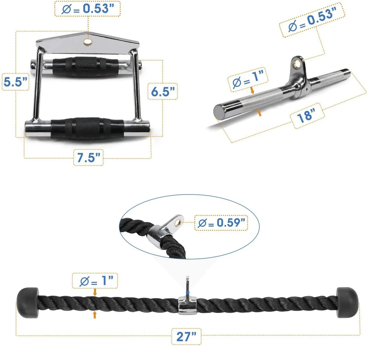 Bar D Yes4All + Handle Tricep Cable V-shaped Attachment + Combo Double Rope